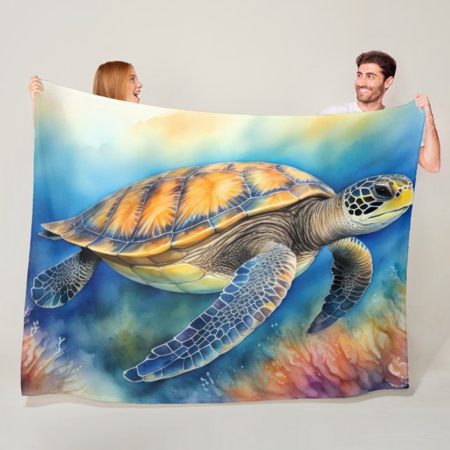 Watercolor Painting Sea Turtle Fleece Blanket (In Situ)