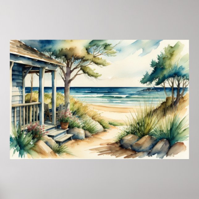 Watercolor Painting Sea View Front Porch Poster (Front)