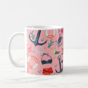 Watercolor painting seamless pattern with anchor, coffee mug