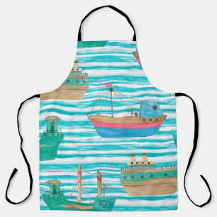Watercolor painting seamless pattern with boats on apron
