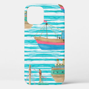 Watercolor painting seamless pattern with boats on iPhone 12 case