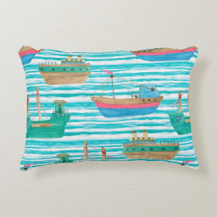 Watercolor painting seamless pattern with boats on decorative cushion