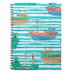 Watercolor painting seamless pattern with boats on notebook