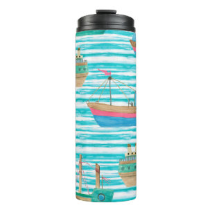 Watercolor painting seamless pattern with boats on thermal tumbler