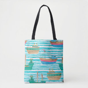 Watercolor painting seamless pattern with boats on tote bag