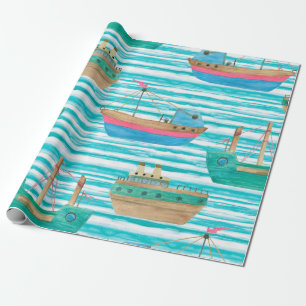 Watercolor painting seamless pattern with boats on wrapping paper