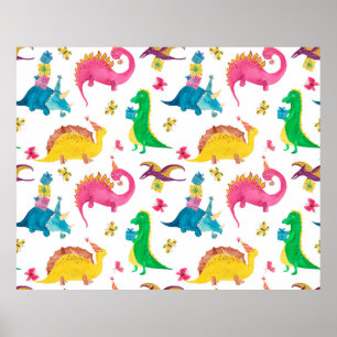 Watercolor painting seamless pattern with dinosaur poster