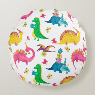 Watercolor painting seamless pattern with dinosaur round cushion