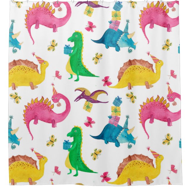 Watercolor painting seamless pattern with dinosaur shower curtain (Front)