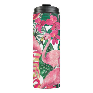 Watercolor painting seamless pattern with flamingo thermal tumbler