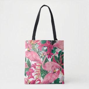 Watercolor painting seamless pattern with flamingo tote bag