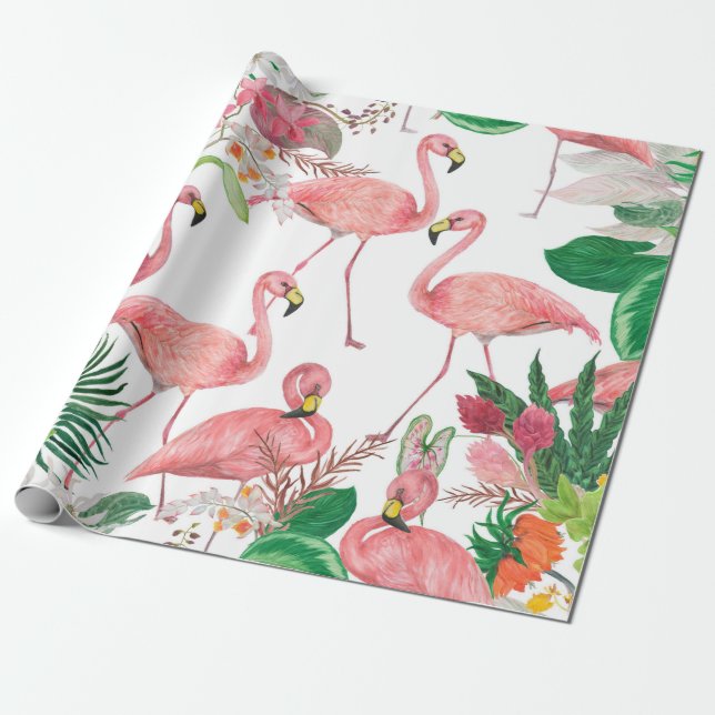Watercolor painting seamless pattern with flamingo wrapping paper (Unrolled)