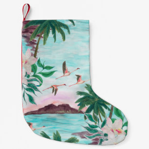 Watercolor painting seamless pattern with hawaiian small christmas stocking