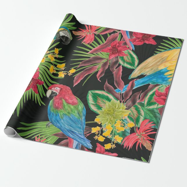 Watercolor painting seamless pattern with parrots  wrapping paper (Unrolled)