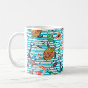 Watercolor painting seamless pattern with turtles, coffee mug