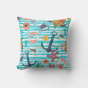 Watercolor painting seamless pattern with turtles, cushion