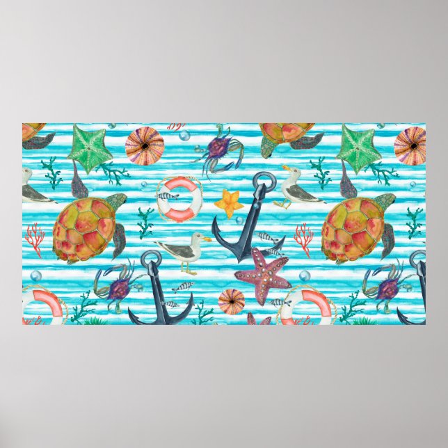 Watercolor painting seamless pattern with turtles, poster (Front)