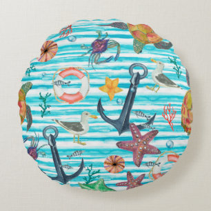 Watercolor painting seamless pattern with turtles, round cushion