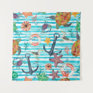 Watercolor painting seamless pattern with turtles, tapestry