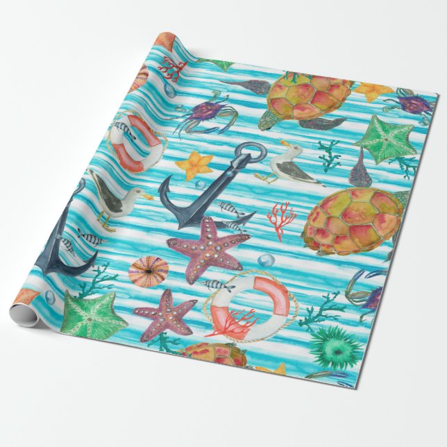 Watercolor painting seamless pattern with turtles, wrapping paper (Unrolled)