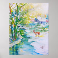 Watercolor Painting Snow Deer Stream Landscape