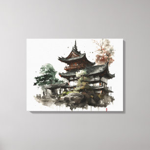 Watercolor painting style of a japanese temple canvas print