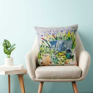 Watercolor painting , summer garden and Lawanda  Cushion
