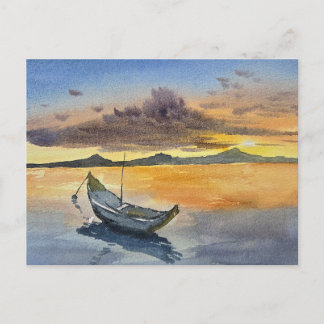 Watercolor Painting Sunset scene  Postcard