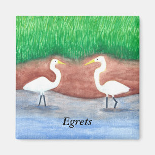 Watercolor Painting Two White Egrets Wading Magnet