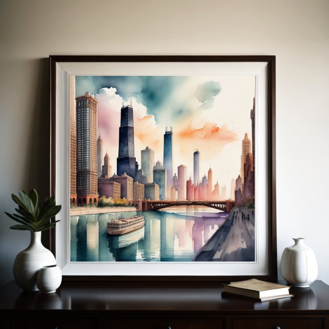 Watercolor Painting Urban City River Scene 1:1 Poster (Creator Uploaded)