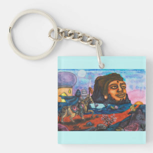 Watercolor Painting Warrior Horse Temple Woman Way Key Ring