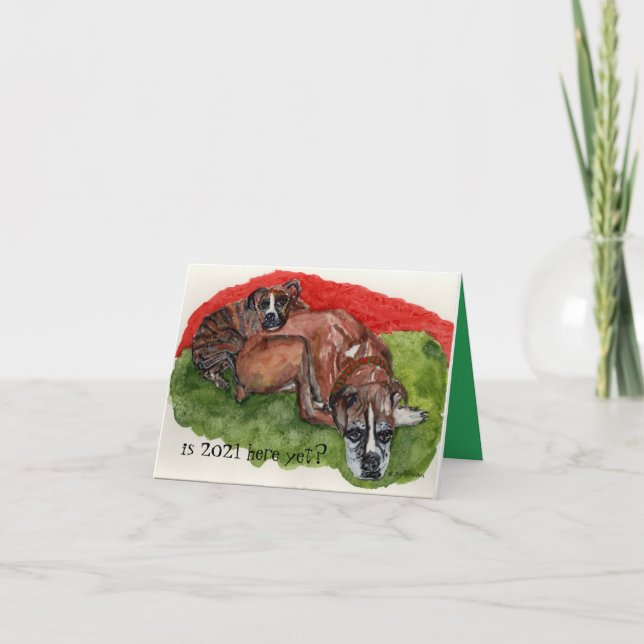watercolor painting Xmas Boxers, whimsical message Card (Front)