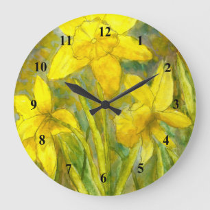 Watercolor Painting, Yellow Flowers Art, Daffodils Large Clock