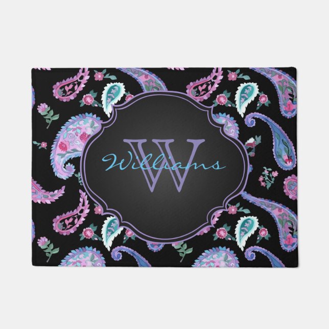 Watercolor Paisley Black Lavender Monogram Doormat (Front)
