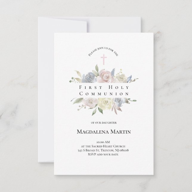 watercolor pale flowers First Communion Invitation (Front)