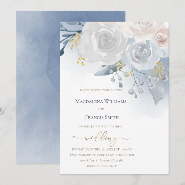 watercolor pale flowers | wedding invitation (Front/Back)