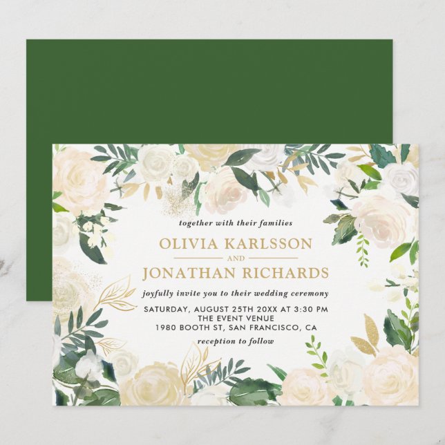 Watercolor Pale Peonies Gold Accent Wedding Invitation (Front/Back)