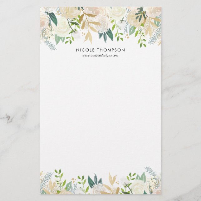 Watercolor Pale Peonies Gold Accents Personalised Stationery (Front)