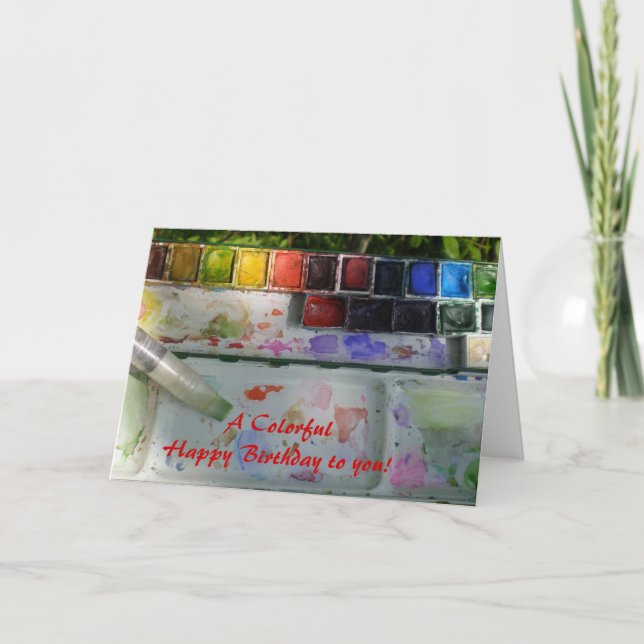 Watercolor Palette and Brush Happy Birthday Card (Front)