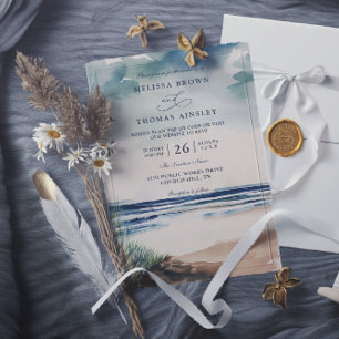 Watercolor Palm And Beach Grass QR Code Wedding Invitation