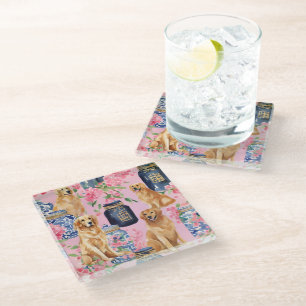 Watercolor Palm Beach Golden Retrievers Ginger Jar Glass Coaster