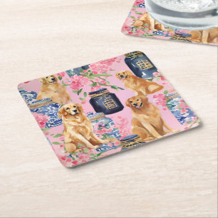 Watercolor Palm Beach Golden Retrievers Ginger Jar Square Paper Coaster