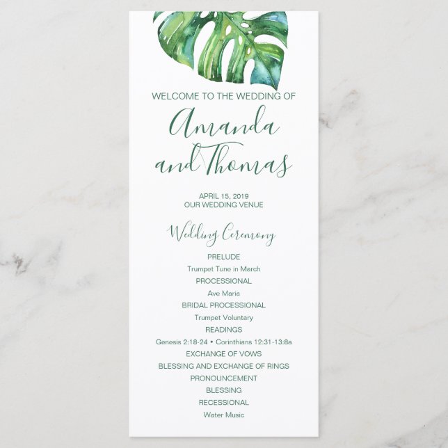 Watercolor Palm Leaf - destination wedding program Programme (Front)