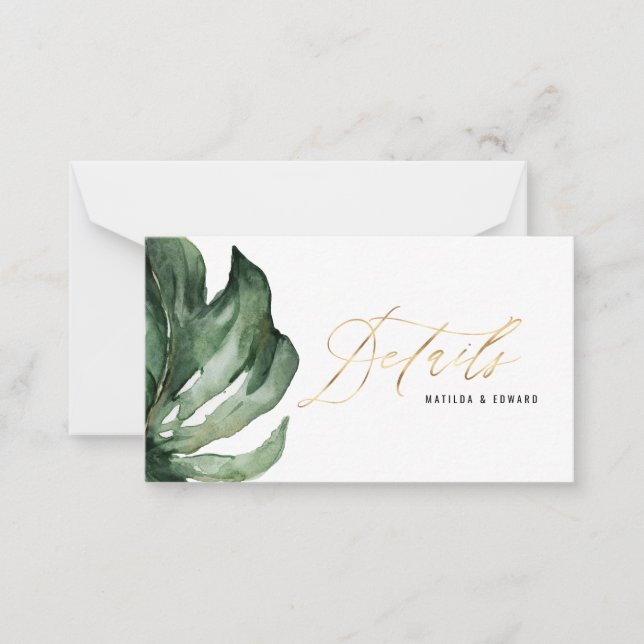Watercolor palm leaf foliage & gold wedding detail card (Front)