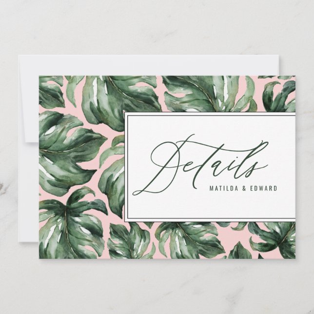 Watercolor palm leaf foliage wedding details announcement (Front)