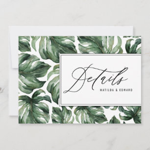 Watercolor palm leaf foliage wedding details announcement