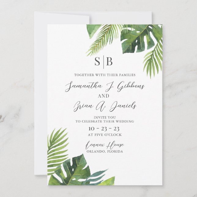 Watercolor Palm Leaf Tropical Wedding Invitation (Front)