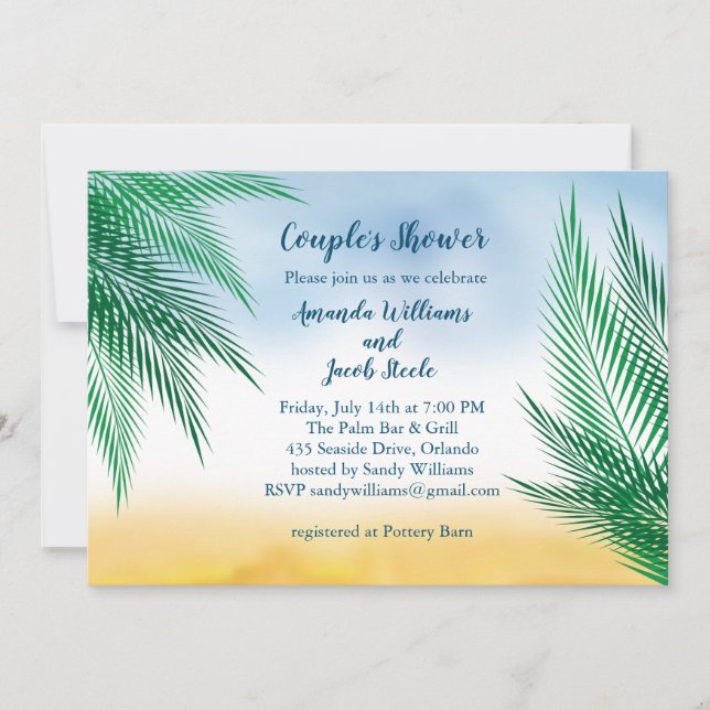 Watercolor Palm Leaves Couple's Shower Invitation (Front)