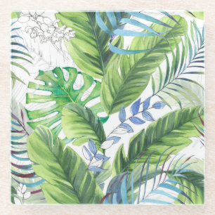 Watercolor palm leaves, exotic seamless background glass coaster