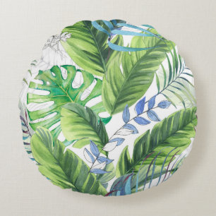 Watercolor palm leaves, exotic seamless background round cushion